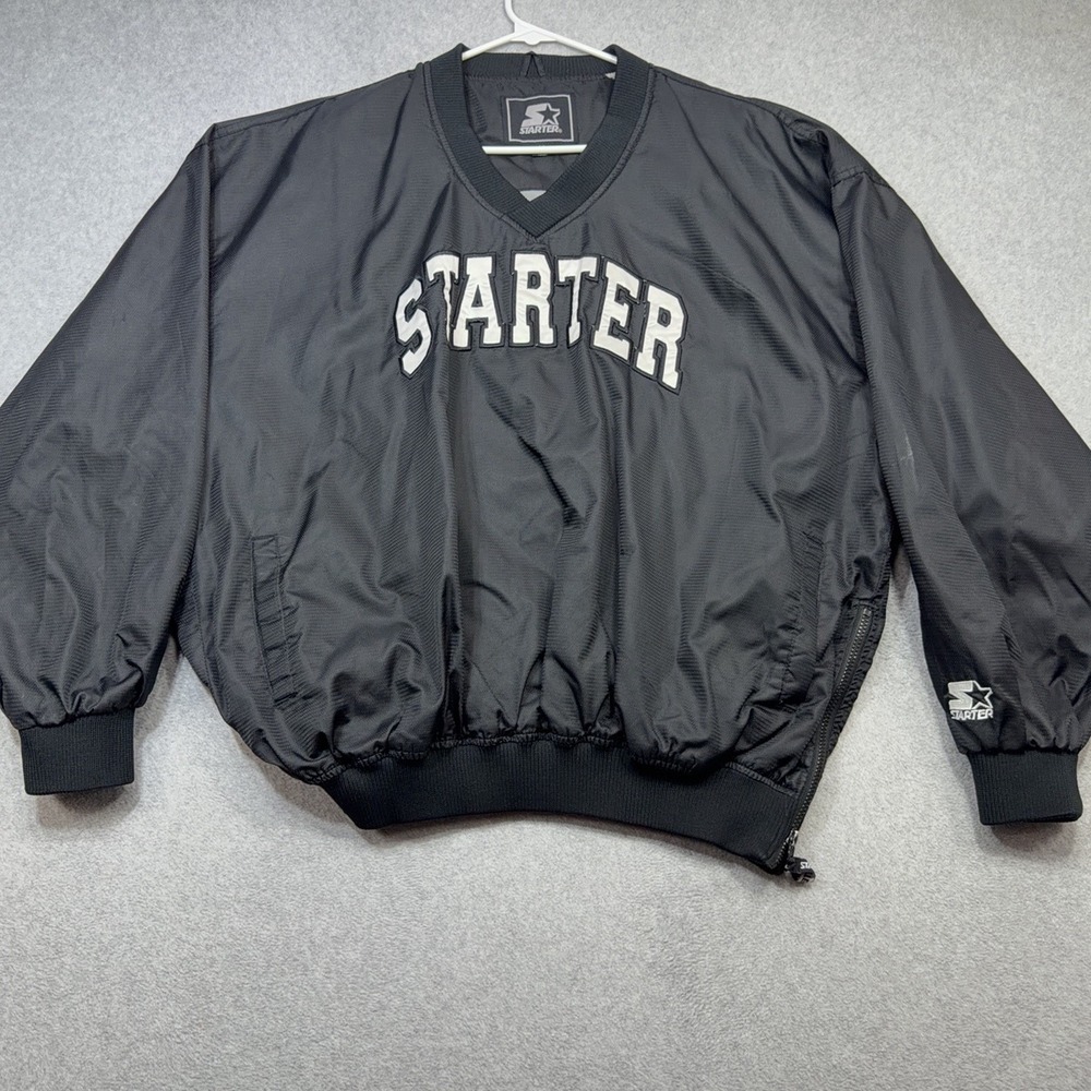 Vintage Starter Jacket Mens XL Black Pullover Windbreaker Pockets Nylon Spellout